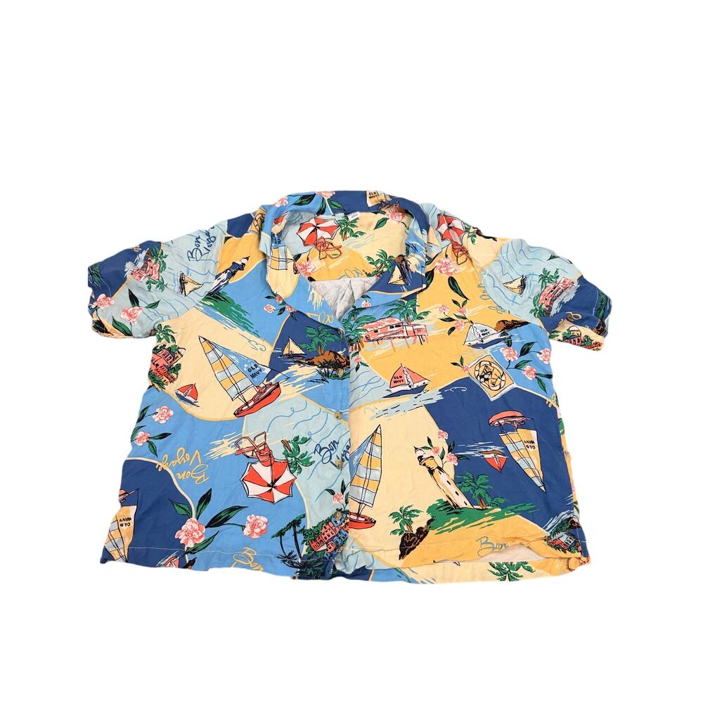 Old Navy Hawaiian Shirt Sailboats Umbrellas Palm Trees Bon Voyage Print Size L